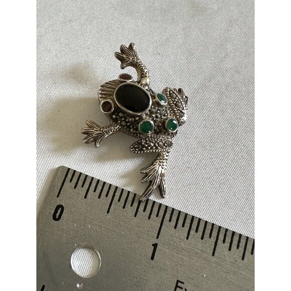 Signed STERLING Silver Marcasite Green Gemstone Frog Toad Pendant B11 - Picture 4 of 5